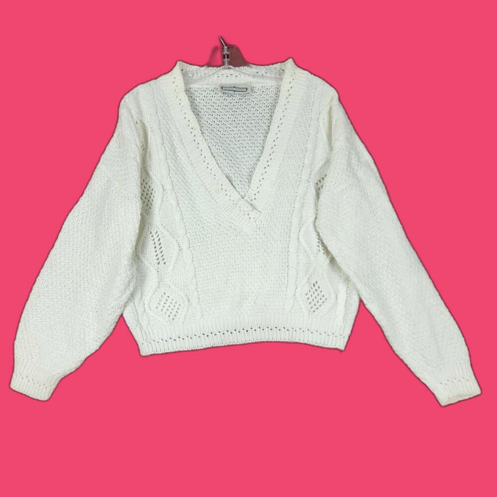 Mixed Blues Women's Cottom White Sweater Size XL Preppy Minimalist Colquette